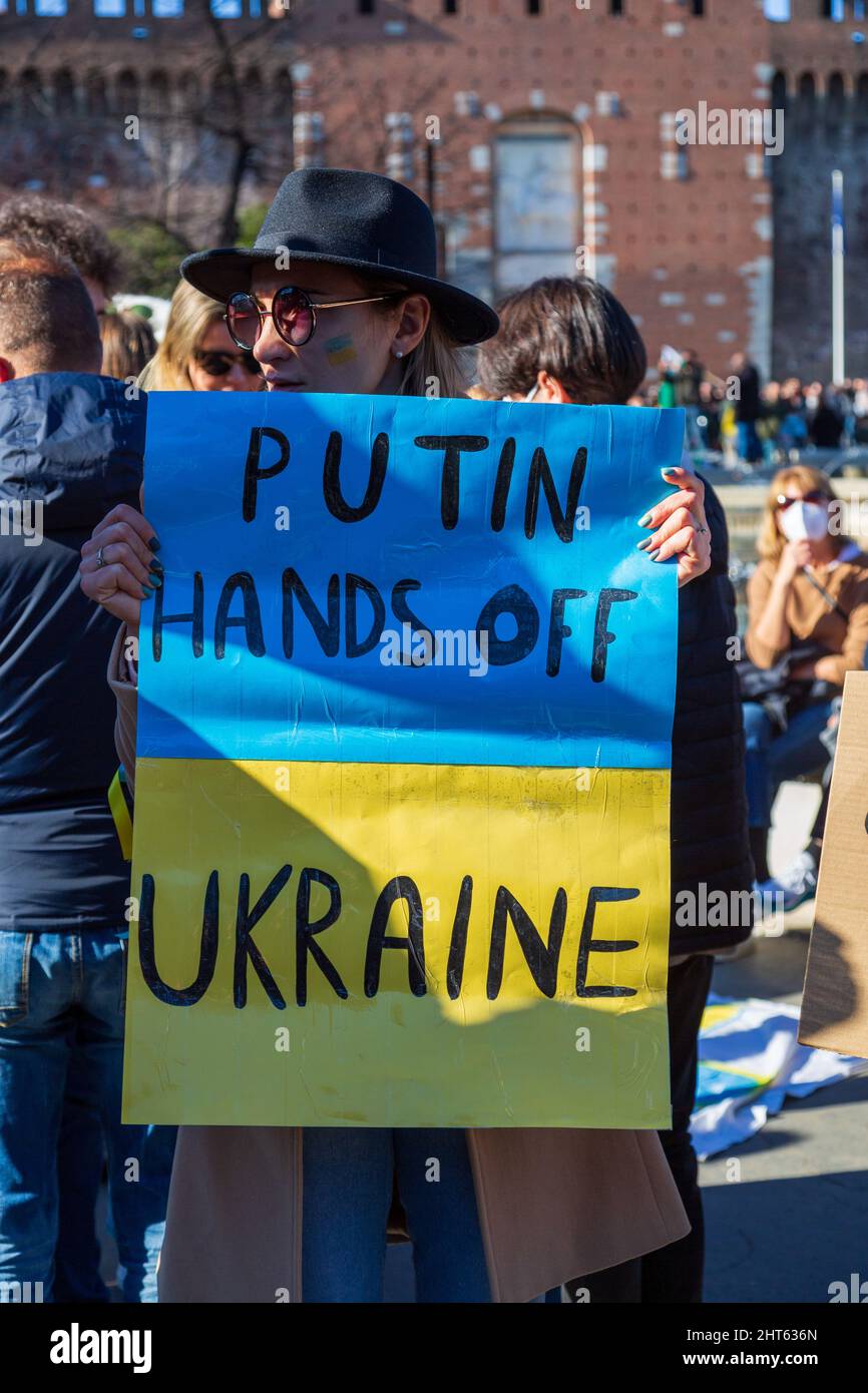 Milan, Lombardy, Italy - February 26 2022: Protest Manifestation Against War In Ukraine and Putin Stock Photo