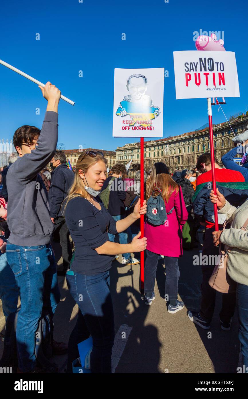 Milan, Lombardy, Italy - February 26 2022: Protest Manifestation Against War In Ukraine and Putin Stock Photo