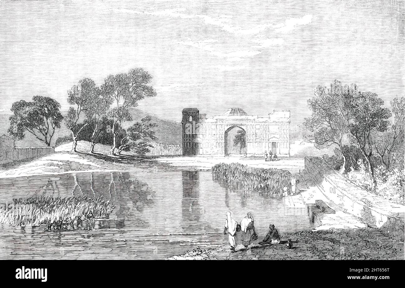 Husyn-Abdal, in the Punjab, [India] - from a sketch by G. T. Vigne, Esq., 1850. 'The charming scene...lies near the east bank of the Indus, and is so called from containing the tomb of a Mahometan saint of that name...It is situate in a delightful valley, watered by springs which gush from amongst the rocks...the glorious Akbar expressed the feelings excited in his mind on viewing the spot by exclaiming &quot;Wah!&quot; the usual interjection of admiration; hence the ruined garden is so named...Husyn-Abdal is on the high-road from Lahore to Attock. It is thus mentioned by Mr. Moore, in his exq Stock Photo
