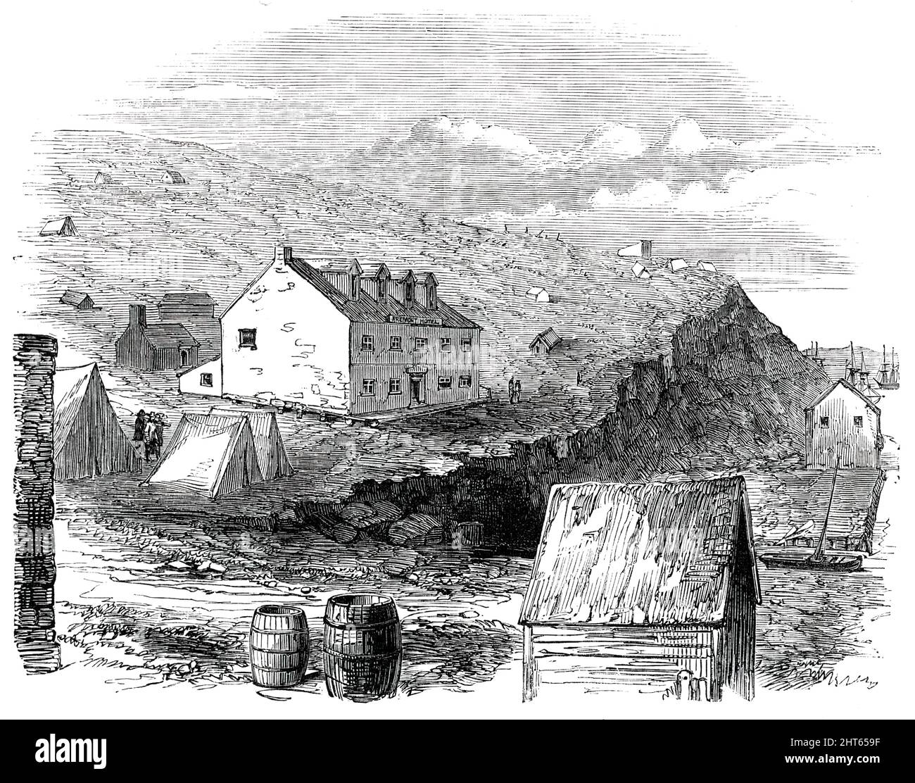 California: the Fremont Hotel, San Francisco, [USA]; from a recent sketch, 1850. The 1849 Gold Rush brought a flood of treasure-seekers to California. 'The Fremont Hotel, shown in the foreground...is the first house one sees as you are going round the Point...The barren side of the hill before us was covered with tents and canvas houses, and nearly in front a large two-story building displayed the sign, &quot;Fremont Family Hotel&quot;...Crossing the shoulder of the hill, the view extended around the curve of the bay, and hundreds of tents and houses appeared, scattered all over the heights, a Stock Photo