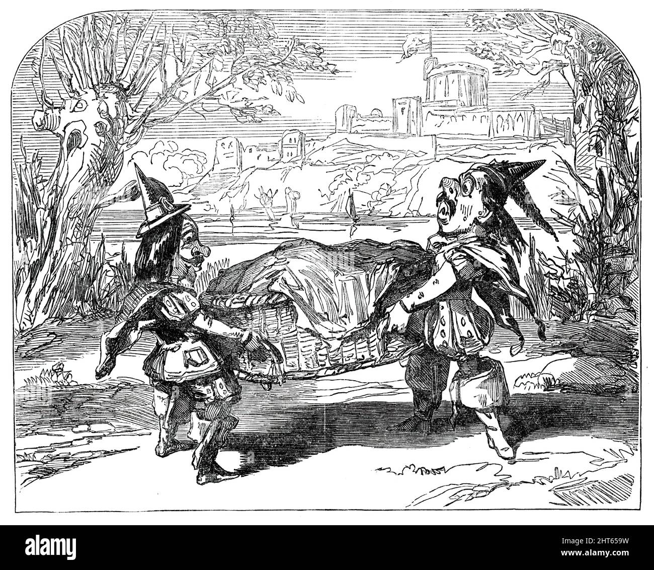 Scene from &quot;The Merry Wives of Windsor; or, Harlequin and Sir John Falstaff, [Surrey Theatre, London], 1850. '...the never-to-be forgotten incident of the buck-basket, in Datchet Mead...The Christmas pantomime is, in fact, &quot;Shakspeare Burlesqued&quot;; and, as characterising the management of the theatre generally, it may, perhaps, he permitted to pass without censure. Windsor-Park and environs furnish the subjects of the scene, and the story of the drama is literally followed, up to the commencement of the transformation. Falstaff, Ford, and Page, with their wives, &amp;c., being re Stock Photo