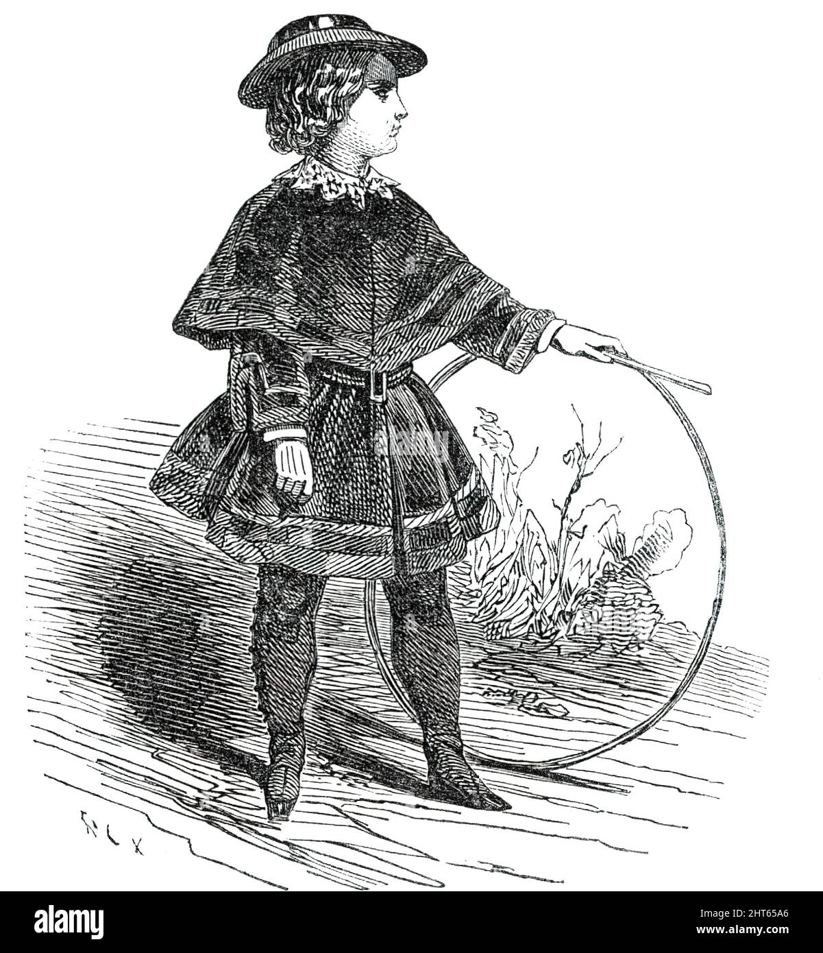 Paris Fashions for the New Year, 1850. 'Boys' Dress, of dark-coloured cloth or velvet, trimmed with a small braid down the edges, with gaiters similar to the dress, or drab only.' From &quot;Illustrated London News&quot;, 1850. Stock Photo