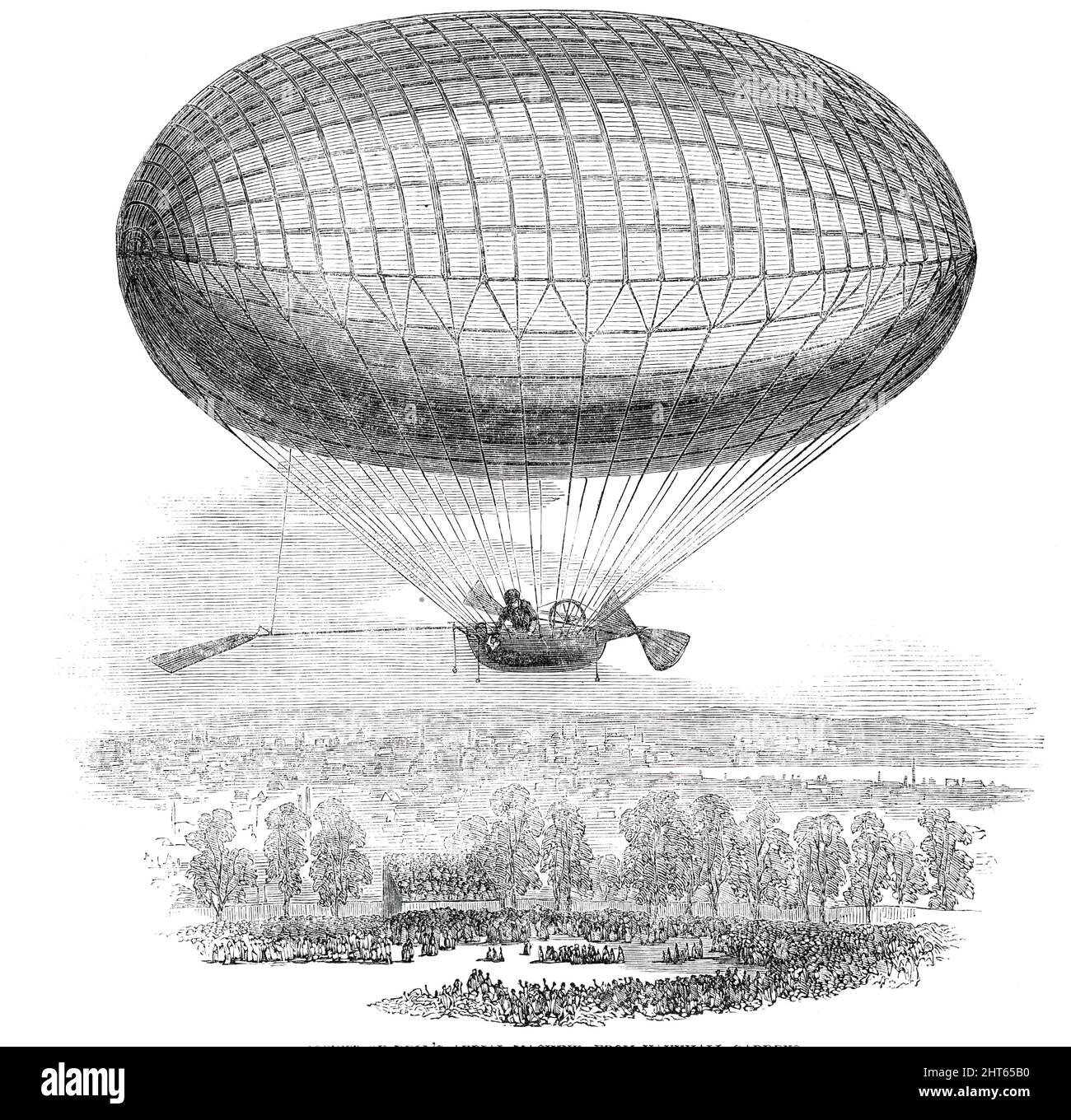 Ascent of Bell's Aerial Machine, from Vauxhall Gardens, [London], 1850. 'The machine which Mr. Bell has constructed...is capable of sustaining a weight of between 500 and 600 lb., when inflated with the ordinary carburetted hydrogen. The propellers are on the principle of the screw-propeller. If two are used, they are placed one on each side of the car...This apparatus is so constructed as to have a hinge and a rotating motion, so as to obtain the necessary movements of an extended surface or fan, in all respects similar to the tail of a bird, so that the guiding or directing of the machine ma Stock Photo
