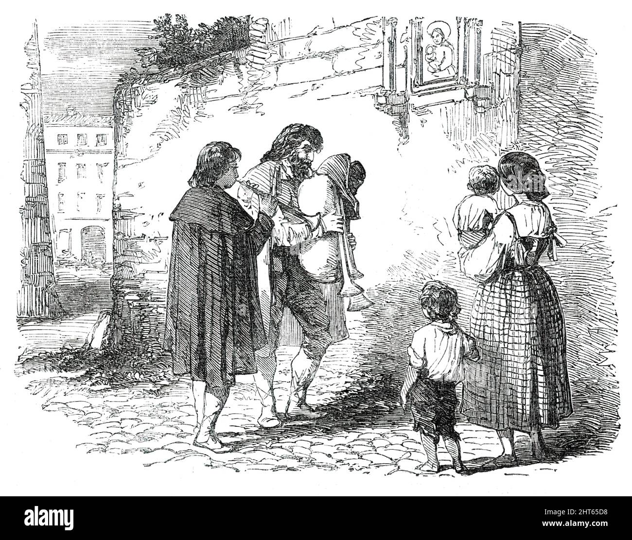Pifferari, [in Rome], 1850. Scene depicting 'The appearance of the peasant minstrels (The Pifferari), whose strains form the very simple, but heart-stirring &quot;Christmas Carol&quot; of Rome...They are Calabrian shepherds, who come down from their highland homes at Christmas, and on their national instruments, a sort of small clarionet and bagpipe, perform their wild but harmonious native airs, before the various representations of the Madonna and Child which are scattered in every direction through the city. They generally remain in Rome from ten days to a fortnight; after which they disapp Stock Photo