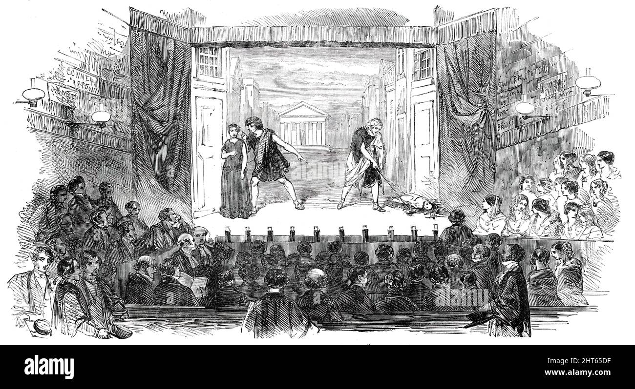 Westminster Play - Scene from the &quot;Andria&quot; of Terence, 1850. '...performance of a Latin Play at Christmas by the scholars of Westminster [School]...a most spirited and successful enactment. Mr. Blagden (the captain of the school), as Davus, acted with a subtlety and energy which satisfactorily attested his correct appreciation of the salient points in the character of the slave, with whom deceit is second nature, and whose natural fertility of invention has been made inexhaustible by oppression: the performance was marked by great propriety of declamation, and a considerable infusion Stock Photo