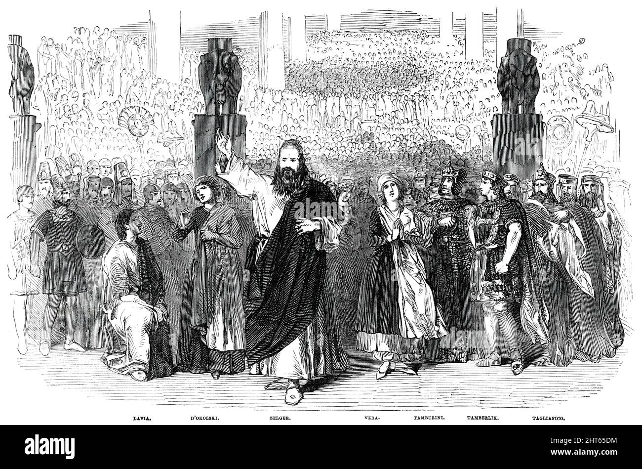 Scene form &quot;Zora&quot;, at the Royal Italian Opera, 1850. London stage production: Lavia, d'Okolski, Zelger, Vera, Tamburini, Tamberlik, Tagliafico. 'The most complete success attended &quot;Zora&quot;, which was thus cast: Merismane and Sinaide (the King and Queen of Egypt), Tamburini and Mdlle. Vera; Amenophi (their son), Tamberlik; Osiris (Grand Priest of Isis), Tagliafico; and Aufide (Captain of the Guards), Soldi...The new tenor, Tamberlik, has achieved the most signal triumph...Mdme. Castellan was never heard and seen to better advantage. The new basso sings impressively...and the r Stock Photo