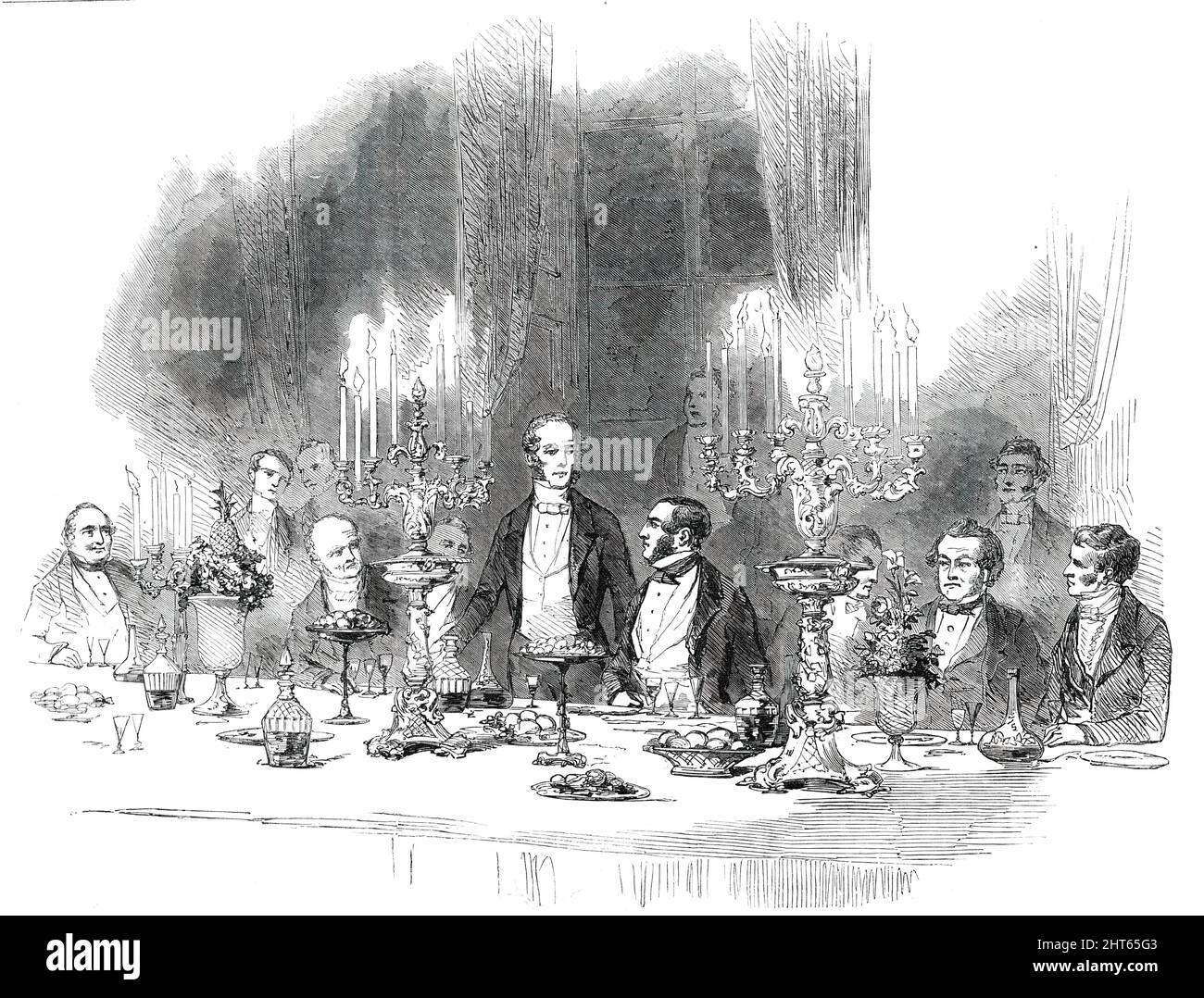 Grand Banquet to Viscount Palmerston by the Reform Club, [London], 1850. Dinner in honour of the Secretary of State for Foreign Affairs. 'It is to be regretted that the committee, in making their arrangements for the number to be present at the banquet, did not include proper accommodation, according to the usual custom on such occasions, for the representatives of the press. Some of the leading morning journals very properly declined sending any gentlemen connected with their establishments to report the proceedings, in consequence of the ill-advised and very ill-bred resolve of the committee Stock Photo