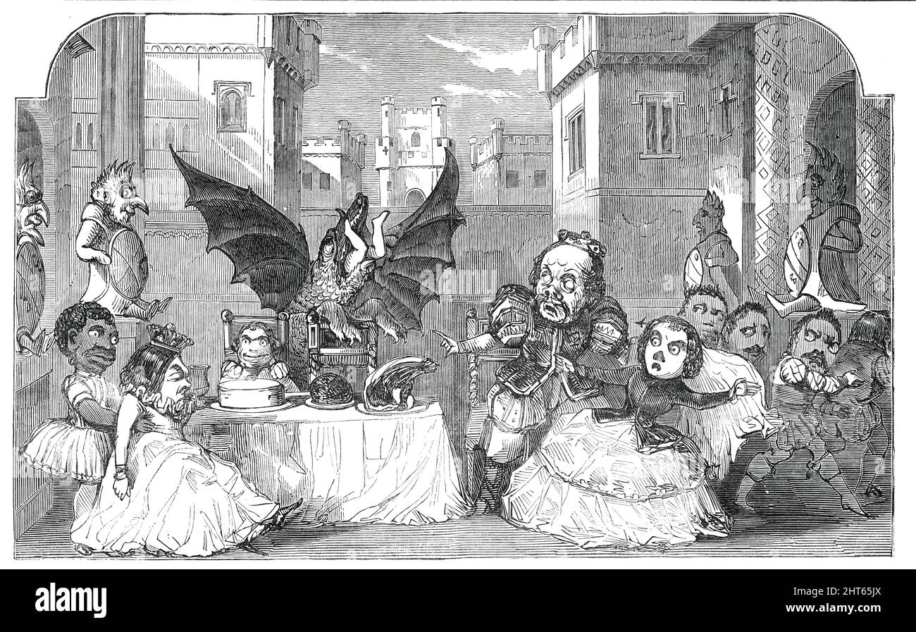Scene from the Pantomime of &quot;Harlequin and the Dragon of Wantley&quot;, at Sadler's Wells Theatre, [London], 1850. '...the voracious Dragon gobbles up a child just as the Baron of Wantley is sitting down to his family dinner. After satisfying the immediate cravings of his inordinate appetite with the best of the Baron's viands, he finishes with carrying off the Baron's daughter, whom, as a delicate morsel, he reserves for a future repast. In this intention, however, the Dragon is disappointed; for Moore of Moore-hall, being in love with the young lady, pursues the spoiler, and, in a pugil Stock Photo