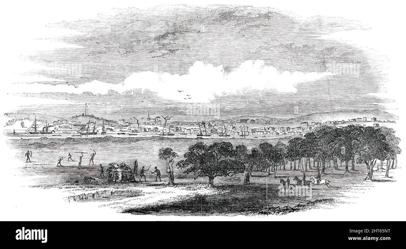 Melbourne, the Capital of Port Phillip, 1850. 'In the foreground...are some specimens of the vegetation of the country; with a native wigwam, bundles of spears, and the aborigines practising with their hunting and war implements. The lofty point...is Mount Macedon; next is Flag-staff Hill, to signalise arrivals in the Bay...Upon the river (Yarra-Yarra, or Ever-flowing) are steamers...which attest the commercial activity of the place. Some twelve years ago, the land on which a city now stands was a wilderness...inhabited by innumerable tribes of savages...What has not been achieved in this once Stock Photo