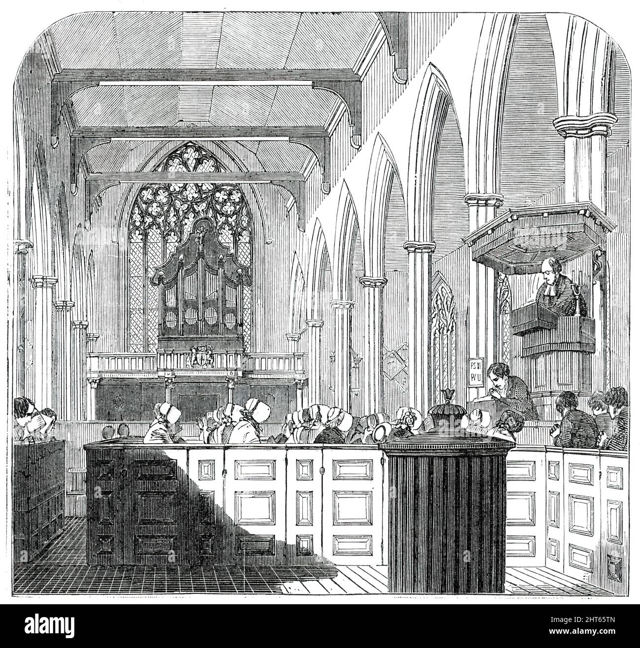 Tercentenary Service at the Dutch Church, Austin Friars, [London], 1850. Scene of the '...Commemoration in the Dutch Church at Austin Friars, an edifice of very interesting antiquarian history, and belonging to the house of Augustine Friars founded by Humphrey Bohun, Earl of Hereford and Essex, in the year 1243...Henry VIII., at the Dissolution, bestowed the house and grounds on William Paulet, first Marquis of Winchester; hence Winchester-street adjoining. The Church, reserved by the King, was granted by his son &quot;to the Dutch nation in London, to be their preaching place;&quot; and to th Stock Photo
