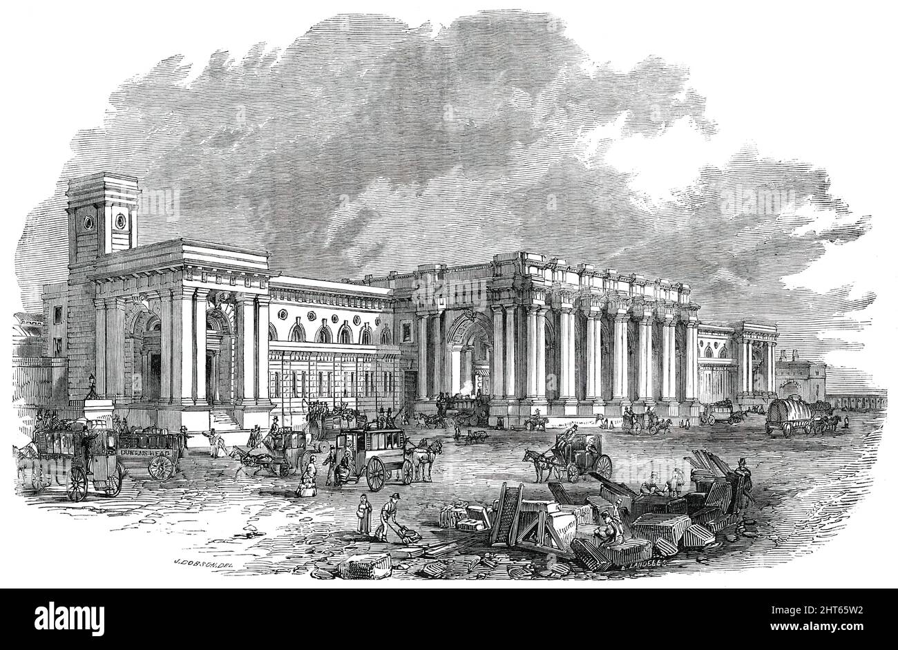 The Great Central Railway Station at Newcastle-Upon-Tyne, 1850. '...on the 30th of July last, his fellow-townsmen and friends entertained [British engineer Robert Stephenson] at a banquet, to which upwards of 400 persons sat down, in the new Great Central Railway Station...[at Neville-street]'. The exterior '...is unusually picturesque. Its lofty open arches, its coupled bold Roman-Doric columns and stylobate, and its cleverly panelled attic (where it is proposed to place colossal statues) are very effective features of this grand architectural composition by Mr. Dobson...'. The station opened Stock Photo