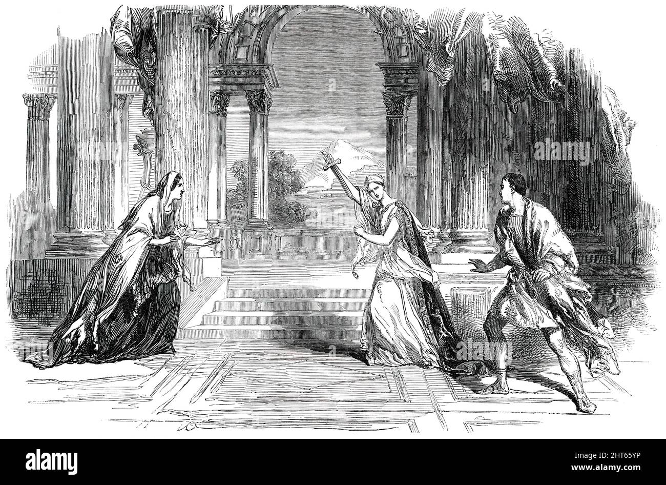 Scene from Racine's &quot;Phedre&quot;, 1850. 'Oenone, Madame Croisnier; Phedre, Mdlle. Rachel; Hipplyte, M. Raphael The celebrated actress Mdlle. Rachel will commence a short engagement [at St James' Theatre, London]...Her opening part will be that of Phedre, in Racine's celebrated tragedy of that name'. From &quot;Illustrated London News&quot;, 1850. Stock Photo