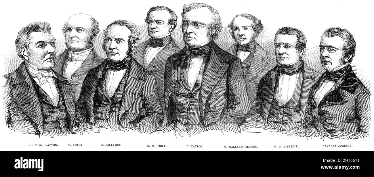 President Taylor and his Cabinet - daguerreotyped by Brady, 1850. The US president (centre), with: John M. Clayton; T. Ewins; J. Collamer; G.W. Trist; W. Ballard Preston; W.M. Meredith; Ravardy Johnson. From &quot;Illustrated London News&quot;, 1850. Stock Photo