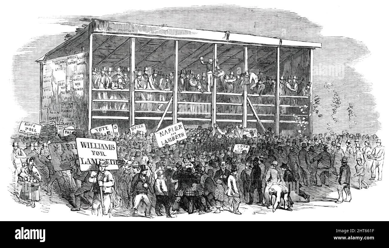 The Lambeth Election - the Hustings on Kennington Common, 1850. '...nomination of candidates for the representation in Parliament of the [London] borough of Lambeth...a considerable number of persons surrounded the hustings...Mr. Onslow, the returning officer, briefly reminded the electors of the importance of the privilege which they were about to exercise, and hoped that they would conduct themselves throughout the whole proceedings with proper decorum, and allow to each of the candidates a fair and impartial hearing...it was quite apparent to all, after the first hour's polling, that Mr. [W Stock Photo