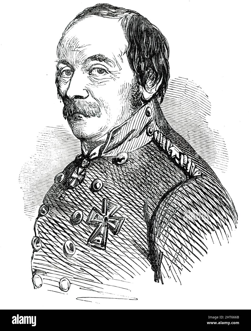 General Schleppegrell, killed in the Battle of Id Tadt [Isted], 1850. Portrait from a drawing by M. Baugniet. 'This gallant soldier, who fell in the late battle of Idstadt, on the 25th ult., was the favourite of the Danish army, and contributed chiefly to the total defeat of the Schleswig-Holsteiners in the storming their entrenchments at Fredericia. He was a truly brave man, and met with the death of a hero whilst leading on his gallant soldiers to victory'. From &quot;Illustrated London News&quot;, 1850. Stock Photo