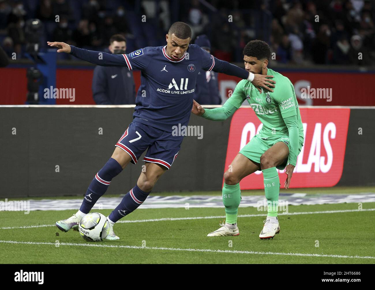 Kylian Mbappe of PSG, Mahdi Camara of Saint-Etienne during the French championship  Ligue 1 football match between Paris Saint-Germain (PSG) and AS Saint- Etienne (ASSE) on February 26, 2022 at Parc des Princes