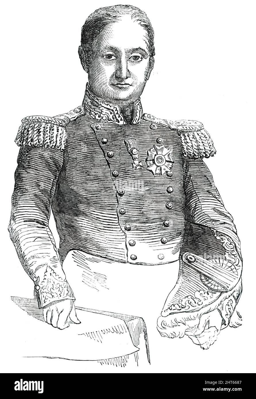 Jerome Napoleon Bonaparte, 1850. 'The ex-King Jerome has just been raised to the dignity of Marshal of France...Jerome Napoleon Bonaparte, the youngest of the brothers of Napoleon, was born at Ajaccio, in the island of Corsica, on the 15th of November, 1784...in 1803, [he] married a Miss Elizabeth Patterson, the daughter of a Baltimore merchant. When the young couple came to Europe, in 1805, Napoleon would not receive the bride as a member of the Imperial family; and at length, not without opposition on the part of the young sailor, the marriage was annulled, after one or two children had been Stock Photo