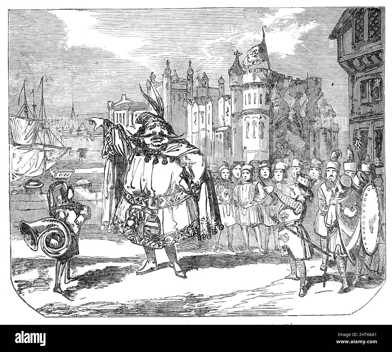 Scene from "Harlequin and Humpty-Dumpty", [Drury Lane Theatre, London], 1850. '...scene in which the hero figures in grotesque rotundity...The hero was a rebel in the days of King Richard - one who, on his Monarch's departure for the Holy Land, set up for an outlaw...and...levied blackmail on the citizens of Old London; running off...with the "Fayre Maide of the Chepe" - or, rather, in the pantomime, attempts to do so, for the monster is prevented by her father's apprentice, who ultimately defeats him and a weird crone, his prompter and assistant, and cuts up the giant, as Stock Photo