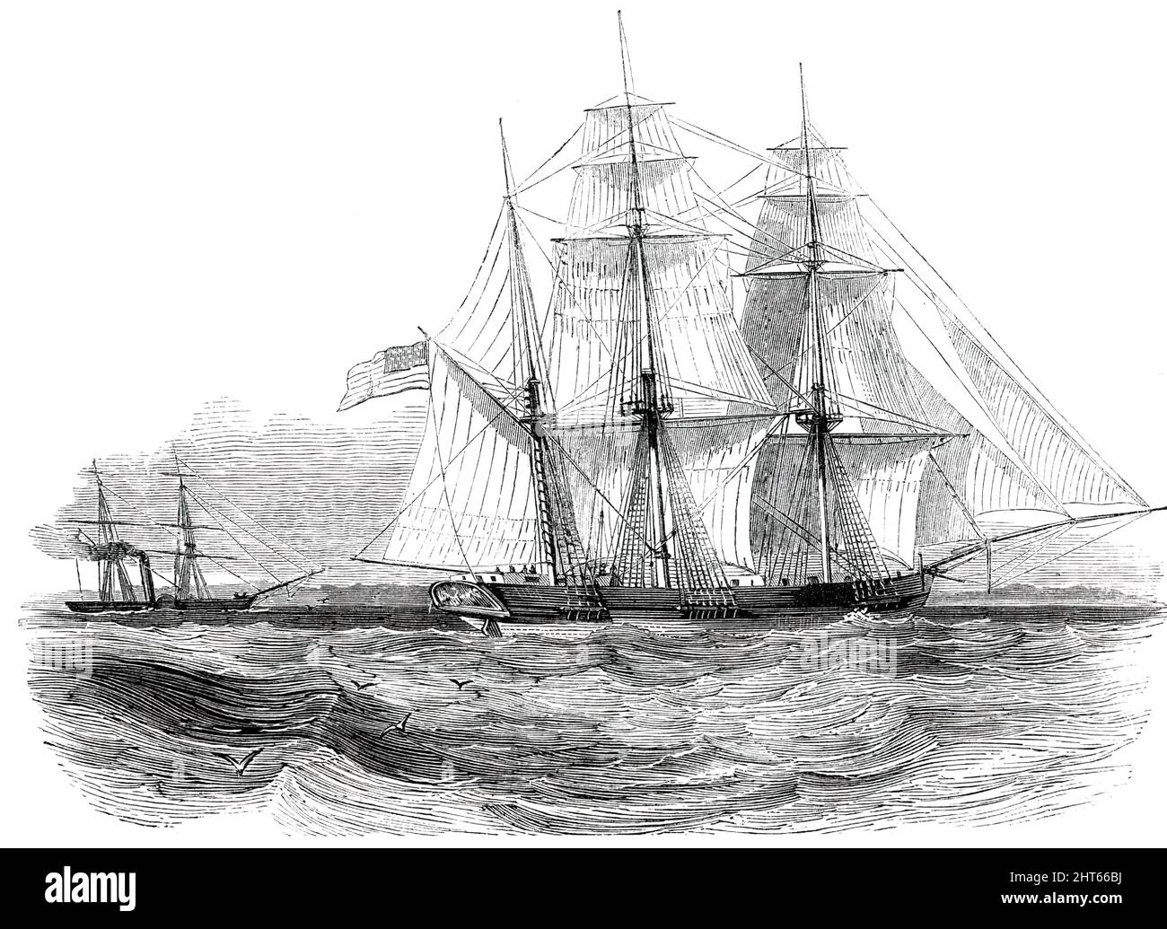 Capture of the &quot;Anne D. Richardson&quot; Slaver, by H.M. Steam-Frigate &quot;Pluto&quot;, 1850. The Royal Navy intercepts an American slave ship. 'The Captain of the Pluto then went on board, and asked for [the captain of the slaver's] papers, which he produced, with the exception of the manifest of his cargo...The Captain [of the Pluto] decided upon detaining her on suspicion [and told the captain of the slave ship] that he would be sent to an American man-of-war, unless he opened his hatches and proved he was an honest trader. The main hatchway was then opened, and, on our men going bel Stock Photo