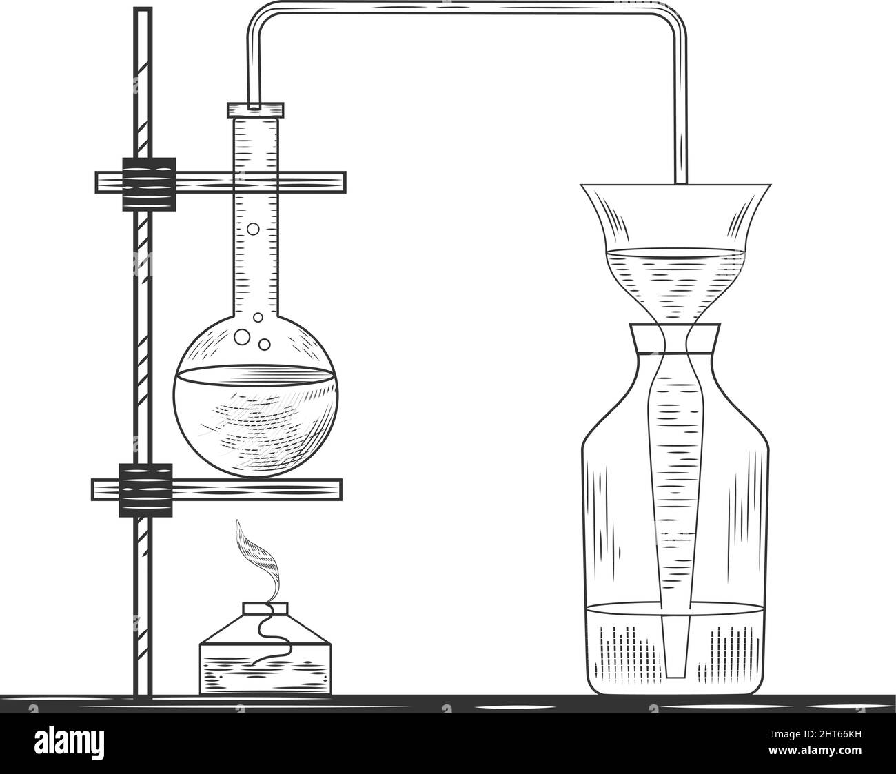 Vector pharmaceutical glass flasks, beakers and test tubes in old engraving style.Sketch of a physics or chemical laboratory experiment and equipment. Stock Vector