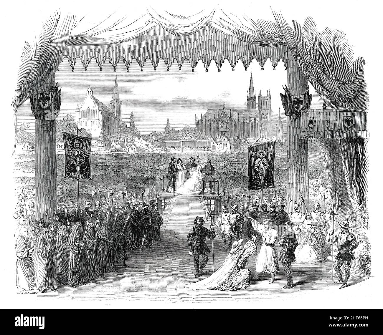 Scene the Last from &quot;La Juive&quot;, at the Royal Italian Opera, [London], 1850. '...the grand square, filled with the vast populace, and the city in the distance, where the Jew and Jewess are led to execution...The terrible picture of religious persecution in the middle ages is wonderfully realised both by poet [Eug&#xe8;ne Scribe] and composer [Fromental Hal&#xe9;vy]'...The imploring tones of Rachele, played by Viardot '...in which she pleads for mercy for her lover, were exquisitely beautiful...But the triumph of her histrionic genius is in the march to the place of execution. When Rac Stock Photo