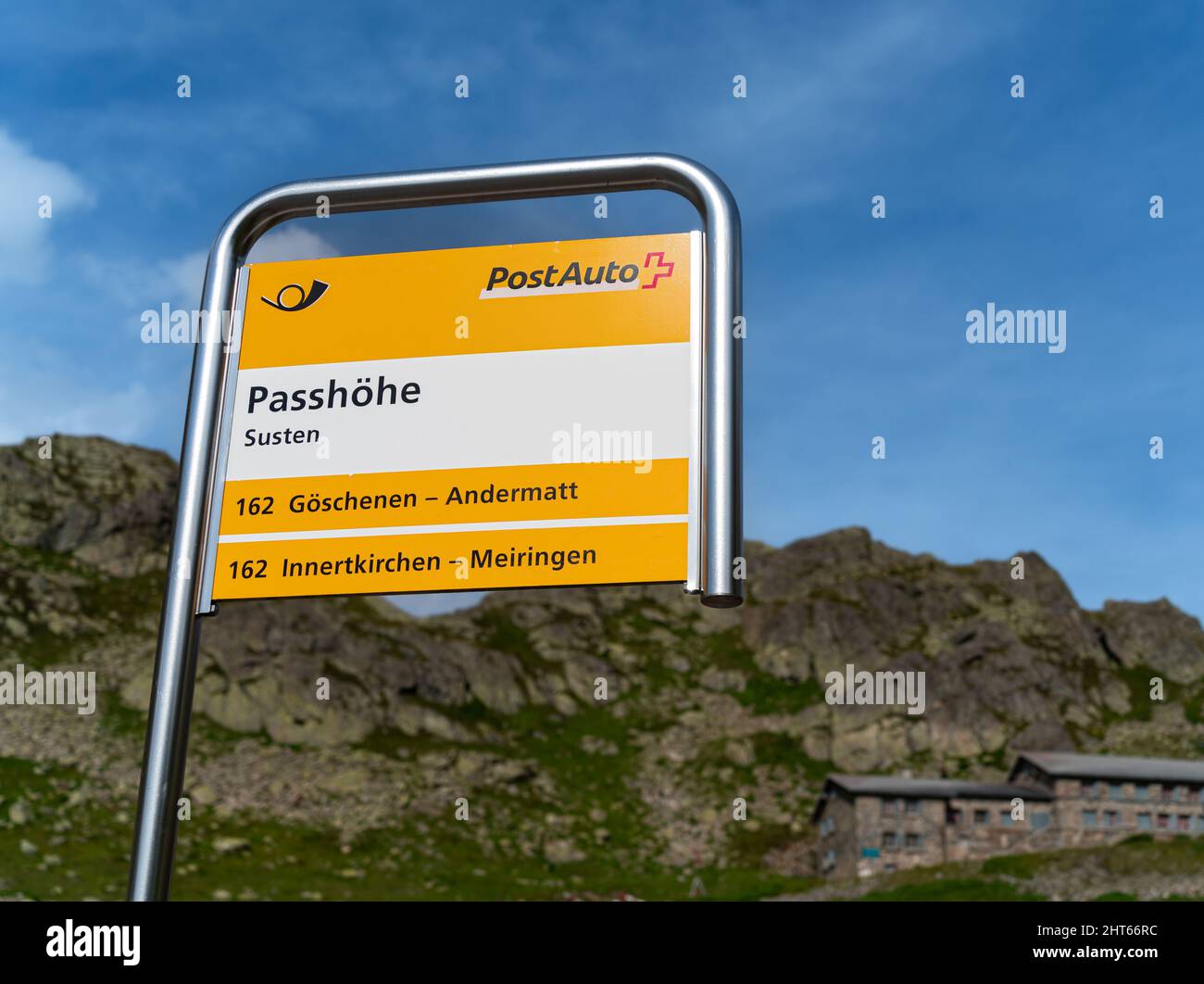 Sustenpass, Switzerland - August 13, 2021: Bus station of postal bus at Sustenpass, the swiss mountain pass connecting cantons of Bern and Uri at 2224 Stock Photo
