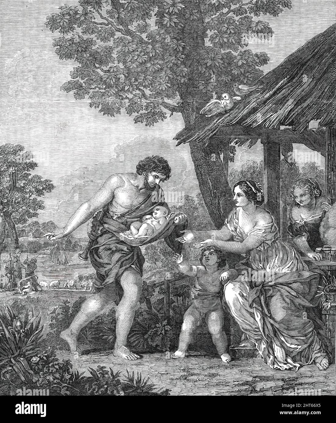 The Finding of Romulus and Remus - from the picture by Pietro da Cortona, 1850. 'The accounts which several of the classical writers of antiquity have left us of the time-honoured legend of Faustulus, the shepherd, having found a she-wolf on the Tiber's banks mildly suckling two infants, in whose veins flowed not mere human hood, but the true Olympian ichor of &quot;the immortal gods,&quot; and who, under the names of Romulus and Remus, grew up to be first great chieftains amongst their more mortal pastoral companions, and ultimately the founders of &quot;The City,&quot; show what a firm hold Stock Photo