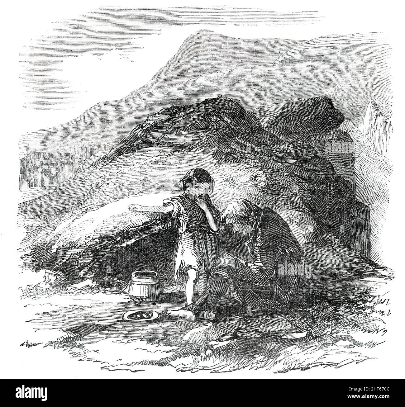 Keillines, near General Thompson's Property, 1850. Poverty in Ireland during the Potato Famine. Scene '...on the road between Maam and Clifden, in Joyce's County, once famous for the Patagonian stature of the inhabitants, who are now starved down to ordinary dimensions. High up on the mountain, but on the road-side, stands the scalpeen of Keillines. It is near General Thompson's property. Conceive five human beings living in such a hole: the father was out, at work; the mother was getting fuel on the hills, and the children left in the hut could only say they were hungry. Their appearance conf Stock Photo