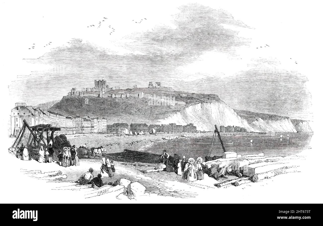 Watering-Places of England - Dover: the Town and Heights, 1850. 'Owing to the clearness of the water, and the gradual declivity of the shore, the sea-bathing at Dover is considered to be equal to any in the kingdom. Anciently, Dover is supposed to have derived its name from Dwfyrrha, signifying a steep place; or it may have taken its name from the river Dour, which...forms the back-water to the harbour, thence discharging itself into the sea. Dour appears to have been latinized into Dubris, and changed by the Saxons into Dover...As a watering-place, Dover is resorted to rather by those who see Stock Photo