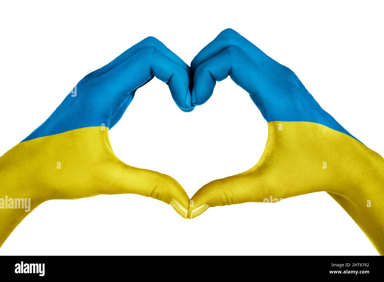 Female hands, painted in the ukraine flag,  forming heart shape isolated on white background Stock Photo
