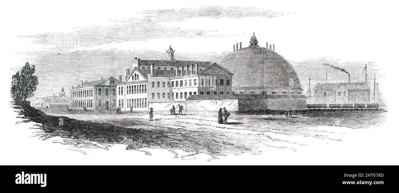 Great Central Railway Depot, Detroit, Michigan, U.S., 1850. The depot '...is one of the largest works of its class in the States, having a water front of nearly 1900 feet, and a wharf 40 feet wide, with a depth of water in the dock ranging from 12 to 22 feet. The Depot itself is 100 feet wide, and 800 feet in length. Two storehouses have lately been added, together with a circular engine-house, 150 feet in diameter the vast dome of which is prominent in the Illustration...From Detroit the line of rail takes a westerly course, entirely across the peninsula, a distance of 220 miles, to New Buffa Stock Photo