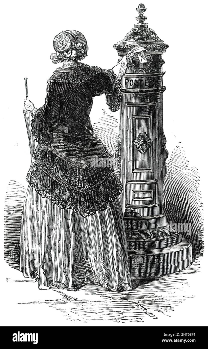 New Letter-Box, at Paris, 1850. 'The reduction of the rate of postage in France has suggested the adoption of a new form of Letter-box from Belgium, a specimen of which has been erected in the Rue de la Paix, at Paris. It consists of a bronzed columnar design raised upon a granite socle; the opening for the receipt of the letters being in the upper portion of the column, and having a projection to keep out the rain; a door for the removal of the letters being provided towards the base'. From &quot;Illustrated London News&quot;, 1850. Stock Photo