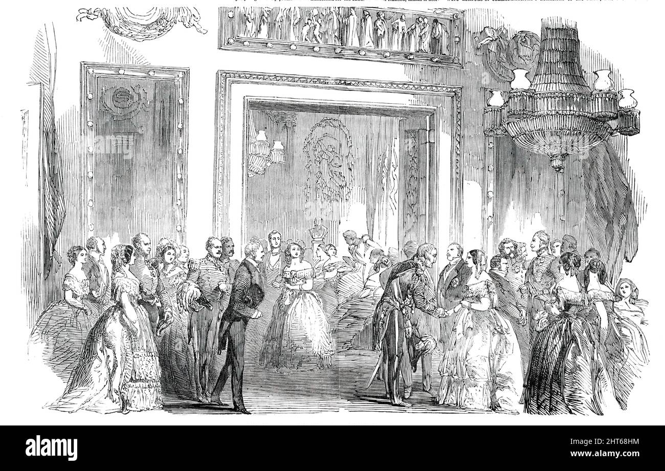 The Viscountess Palmerston's Assembly - The Saloon, 1850. London gathering hosted by the wife of Lord Palmerston, Secretary of State for Foreign Affairs. 'Amongst the varied attractions of the fashionable season in London, the Viscountess Palmerston's Saturday evening assemblies are acknowledged to stand unrivalled...The festivities of the evening commenced as usual with a banquet...the guests were more numerous than usual, and the brilliancy of the assembly much heightened by the varied costumes of many members of the House of Commons...nearly the whole of the corps diplomatique resident at t Stock Photo