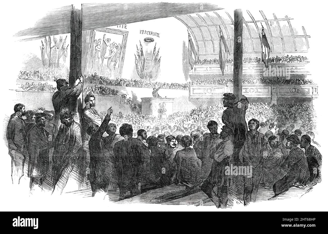 Electoral Meeting in the Salle Martel, Paris, 1850. '...a scene of the present Socialist Electoral agitation...The platform is crowded with well-dressed persons; an orator is in the Tribune; and under him is a bust of Liberty with a Phrygian cap. &quot;There were about 4000 people present, but more than half the number went thither, I am assured, in the expectation of witnessing some fun. Of fun, however, there was very little, the whole time being occupied with a dismal homily from the Carlist Abbe Chantome, who predicted 'that Socialism would soon melt the ice of the North Pole, and would im Stock Photo