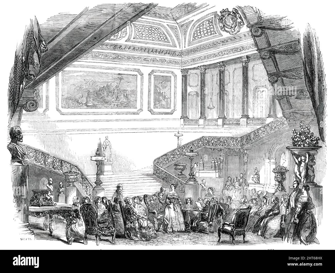 Meeting of the Ladies' Committee at Stafford House in Aid of the Great Exhibition of Industry of all Nations, in 1851, 1850. 'A meeting took place on Saturday last, at Stafford House, where, on the invitation of the Duchess of Sutherland, a very large party of distinguished ladies assembled, in order to determine upon a plan for aiding the Prince Consort in carrying out the great Exhibition of National Industry propounded by his Royal Highness...A number of resolutions were passed, and a committee formed, to which Lord Dufferin and Lord F. Howard were elected honorary secretaries; after which Stock Photo