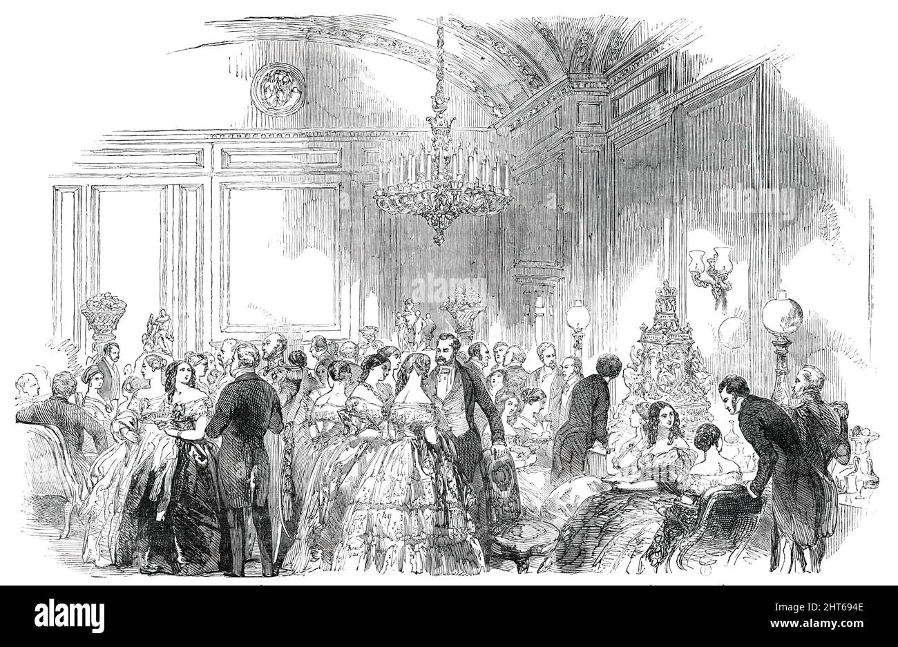 Lady John Russell's Assembly on Wednesday Evening, at Downing-Street - the Refreshment Room, 1850. A party at 10 Downing Street '...the official residence of the Premier [in London]...was honoured with the presence of upwards of 500 distinguished visitors...His Royal Highness the Duke of Cambridge...His Grace the Duke of Wellington and the gallant Lord Gough were present...Among the members of the diplomatic circle present we remarked his Excellency the Turkish Ambassador...The company continued to arrive until nearly midnight, the guests setting down both at the garden entrance and in Downing Stock Photo