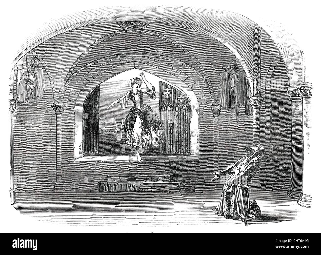 Scene from &quot;Ivanhoe&quot;, at the Haymarket Theatre, [London], 1850. '...the scene in which the &quot;Maid of Judah&quot; threatens to throw herself from the battlements of the Templar's Castle...The Brothers Brough have exceeded their former efforts in this year's Easter production, which partakes of the excellence both of the drama and the burlesque. It is in two acts, and follows the order of the usual melodramatic adaptations of Sir Walter Scott's romance of &quot;Ivanhoe&quot;...The dialogue of the piece is first-rate, and the hits, puns, allusions, and parodies are of unexceptionabl Stock Photo