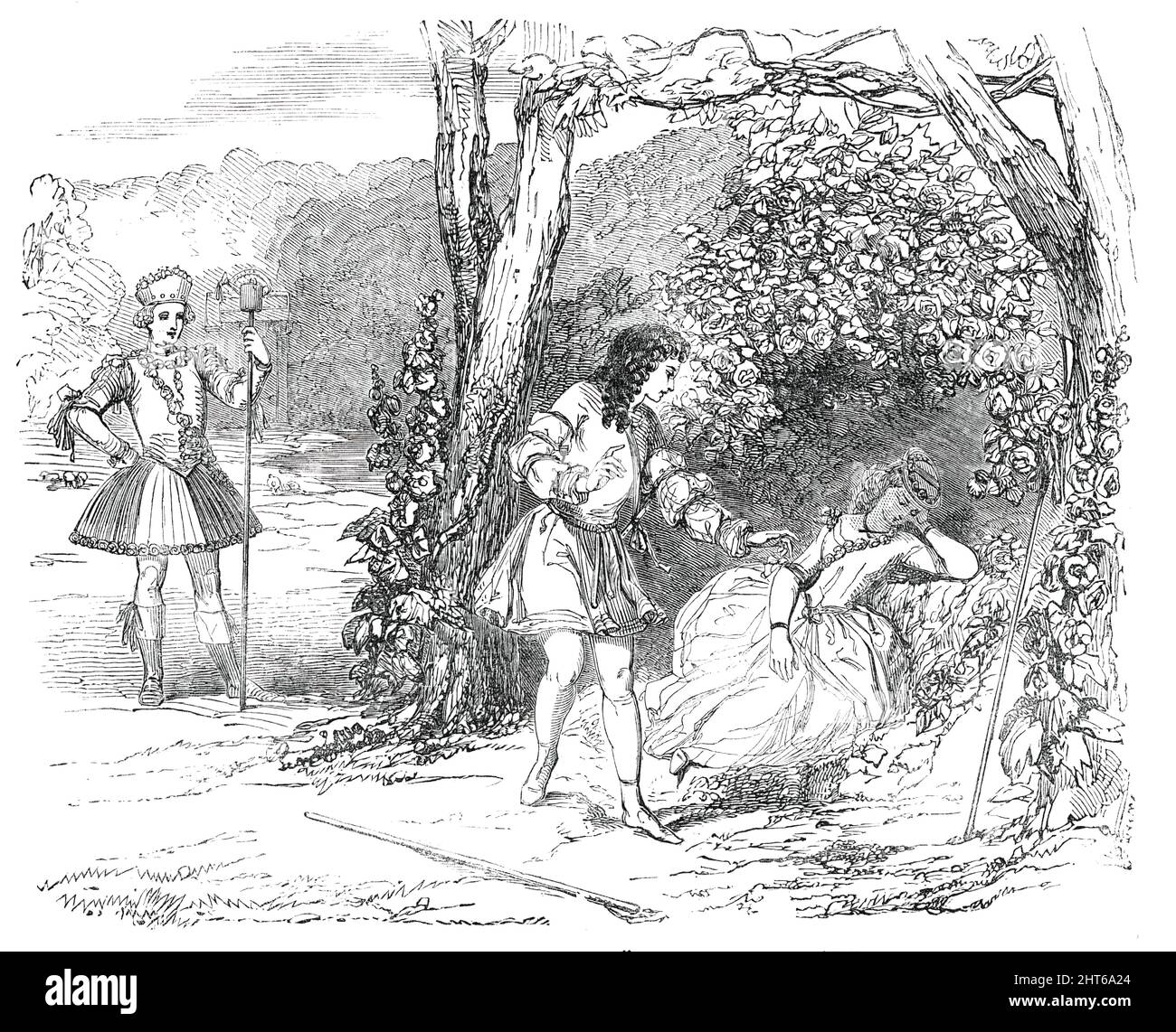 Scene from &quot;Cymon and Iphigenia&quot;, at the Lyceum Theatre, [London], 1850. '...the scene in which Iphigenia is discovered in a bower asleep by Cymon, who falls in love with her, April standing by, and watching the youthful pair...Iphigenia, or Sylvia, was represented by a debutante, Miss Manners, whose appearance is suggestive of promise which we hope to see fulfilled. Mr. Frank Matthews, as her old guardian, Dorcas, was full of his usual drollery, and illustrated deafness to admiration. The scenery and all the appointments of the stage were exquisitely elegant and effective. The dialo Stock Photo