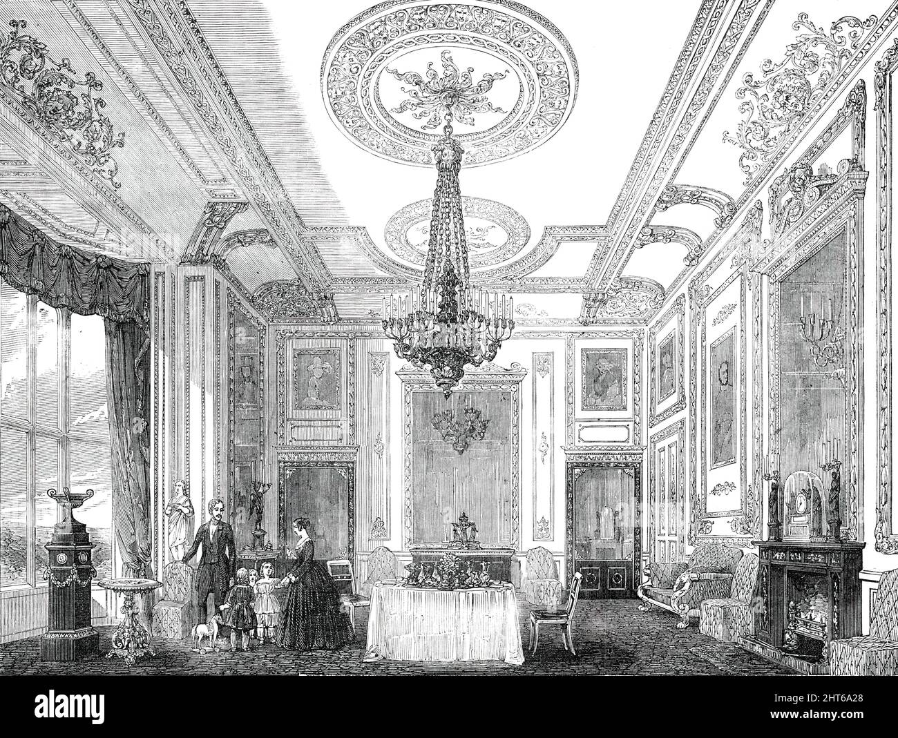 The White Drawing-Room, Windsor Castle, 1850. 'The White Drawingroom is a noble room, with a spacious bay window reaching from the floor to the ceiling, and it is frequently used as a breakfast-room by her Majesty...the walls...are painted white, the whole of the ornamental details on the walls and ceiling being richly gilded. The two doors at the south side of the room...are...of ebony, with enrichments of ormolu. Large plates of looking-glass are in the doors, and also over the fire-place...The draperies to the window are of crimson satin damask...In the bay of the window, on a tall pedestal Stock Photo