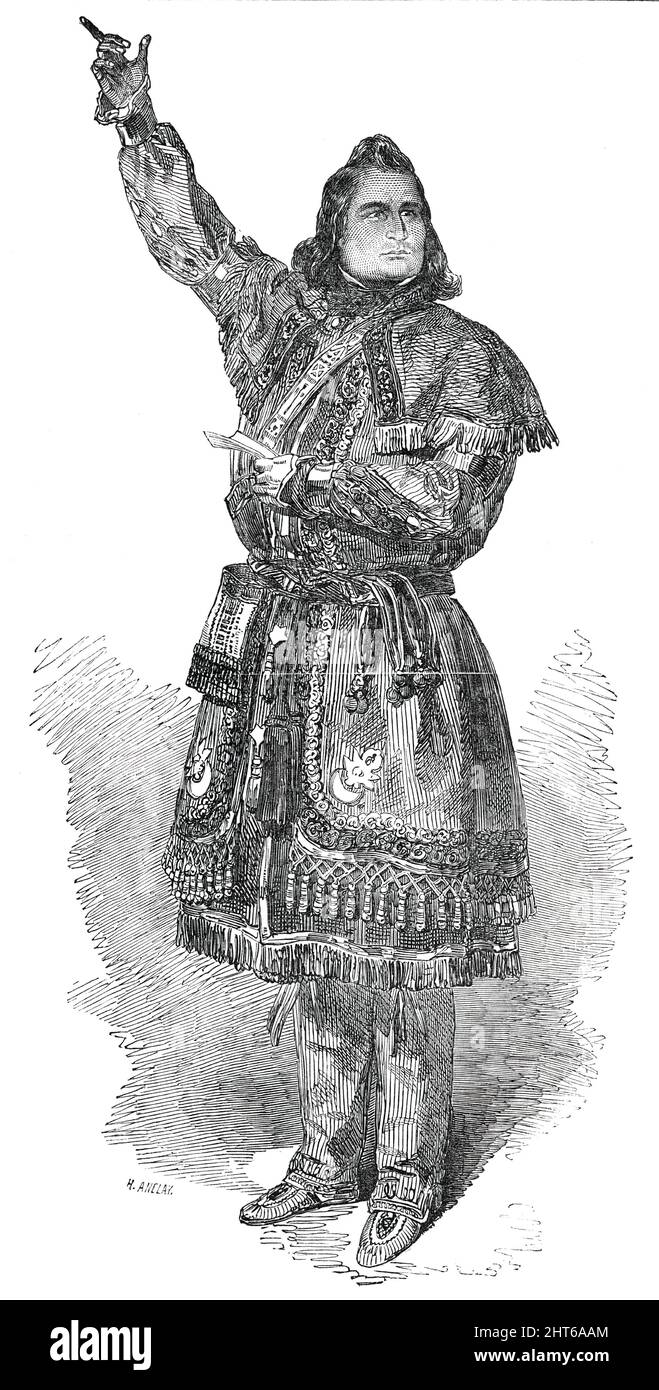 Kah-Ge-Ga-Gah-Bowh, the Ojibbeway Chief, sketched during the Temperance Meeting in Drury-Lane Theatre, 1850. Missionary minister the Rev. George Copway said that 'The Indians received the first white men with kindness and hospitality; but the white men requited them by robbing them of their corn, and, worse still, by introducing the destroying &quot;fire-water&quot; among them'. The reverend spoke of '...his plan for the re-settlement of the Indians, stating that he had marked out on a map a space of 150 miles square, between the Missouri and Mississippi, at the base of the Rocky Mountains, in Stock Photo