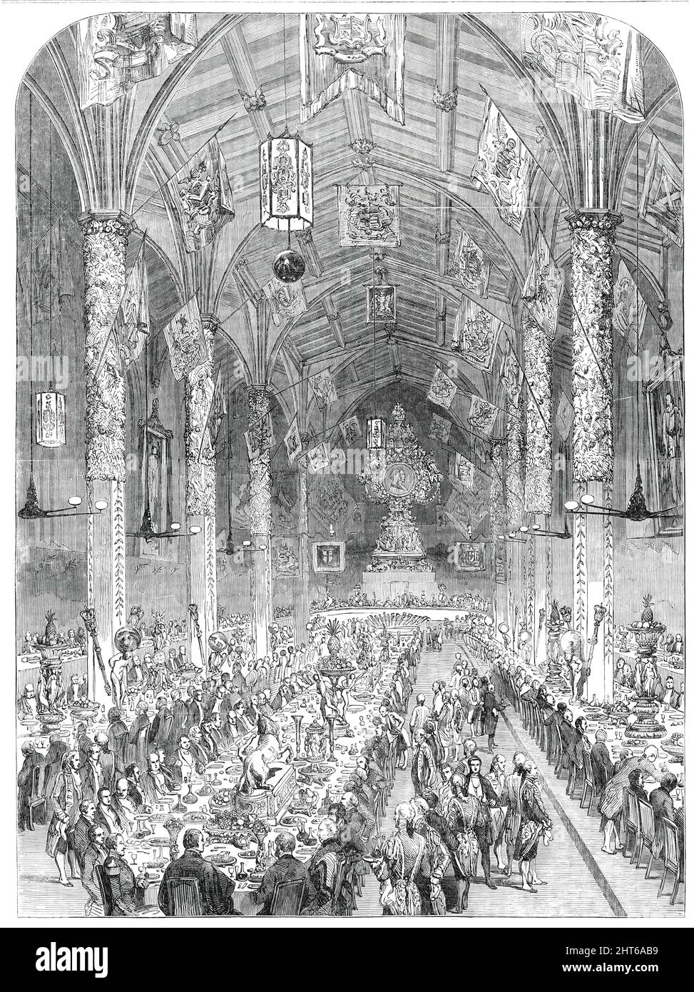 The Banquet in the Guildhall at York, 1850. 'At seven o'clock, his Royal Highness Prince Albert, accompanied by the Lord Mayor of York, entered the hall amidst loud cheers from the assembled company. His Royal Highness appeared to be much struck with the magnificent coup d'oeil...After grace had been pronounced at the close as at the beginning of the banquet by the Rev. Canon Trevor, &quot;the loving cup&quot; was passed round, after the customary greeting delivered in the name of the Lord Mayor to all his guests, in the usual civic fashion, by Mr. Harker, the London toastmaster, and a flouris Stock Photo
