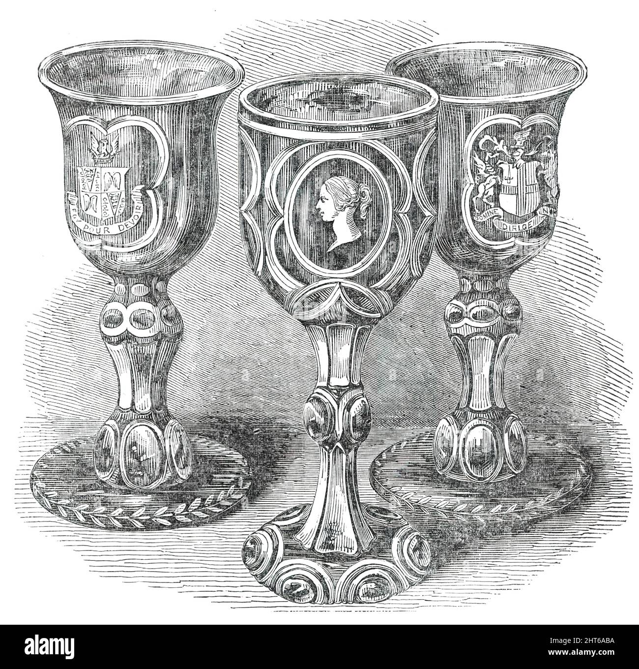The Banquet in the Guildhall at York - Cups used by the Lord Mayor of York, H.R.H. Prince Albert, and the Lord Mayor of London, 1850. ''...three superb drinking-cups, one for his Royal Highness Prince Albert, and one for each of the Lord Mayors of London and York; the first in ruby glass, portions of the stem and base internally checkered with silver, and on the sides bearing white sunken medallions of her Majesty and the Prince Consort, and the Royal arms of England. The other two cups were of the same size and shape, but, instead of being ruby and silver, the colours were emerald and silver; Stock Photo