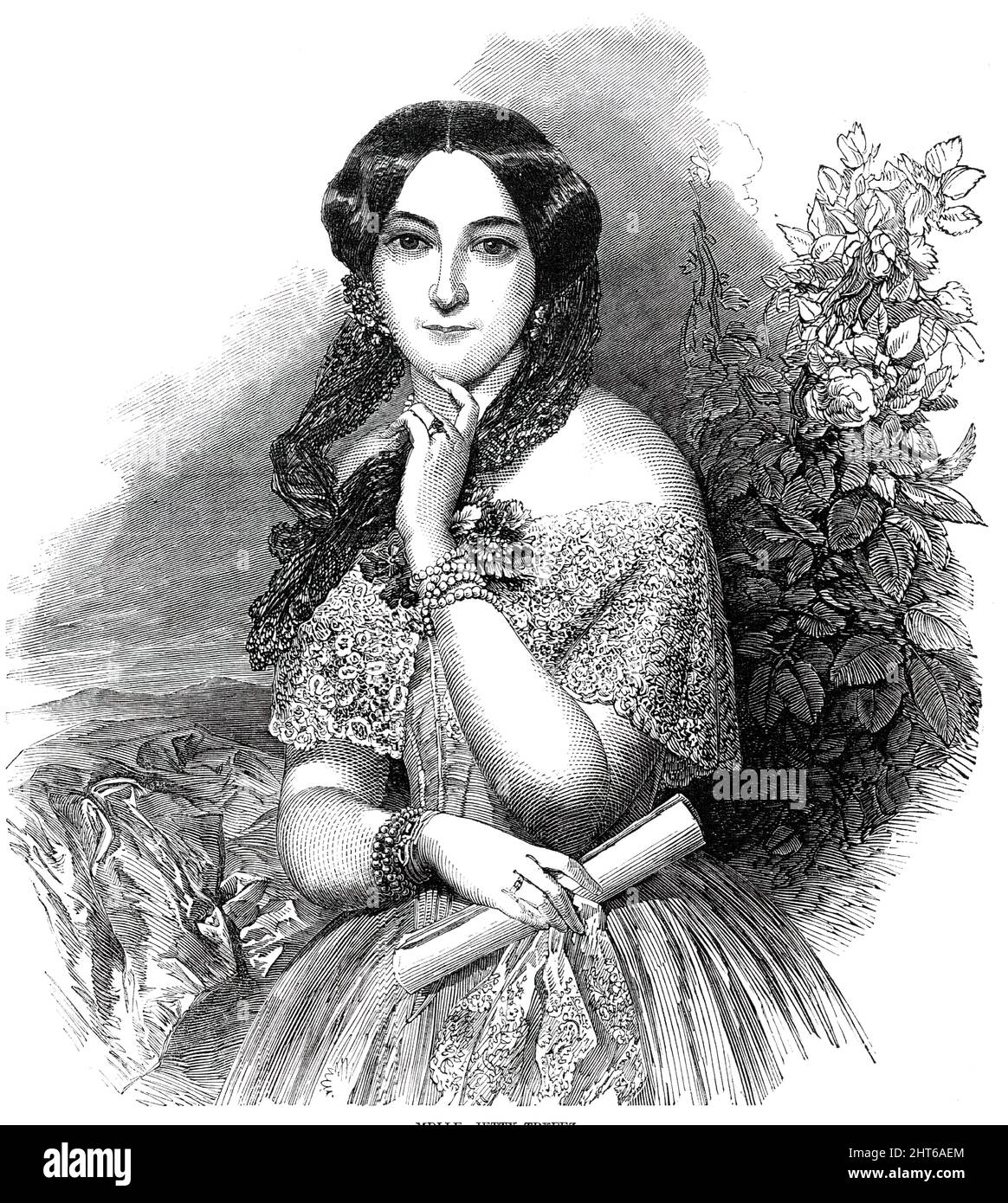Mdlle. Jetty Treffz, 1850. Portrait of Austrian mezzo-soprano, Henrietta Treffz, first wife of Johann Strauss II. '...her many successes have made her name familiar in Germany and in this country...in addition to her musical abilities, [she] unites the advantages of a pretty and piquant expression of face, and a highly amiable character, attractive manner, and all the accomplishments which a thorough education can bestow...The Vienna revolution of 1848 drove Jetty Treffz, like so many other artistes, from her native country, and she came to this country. She made her debut before the classic a Stock Photo