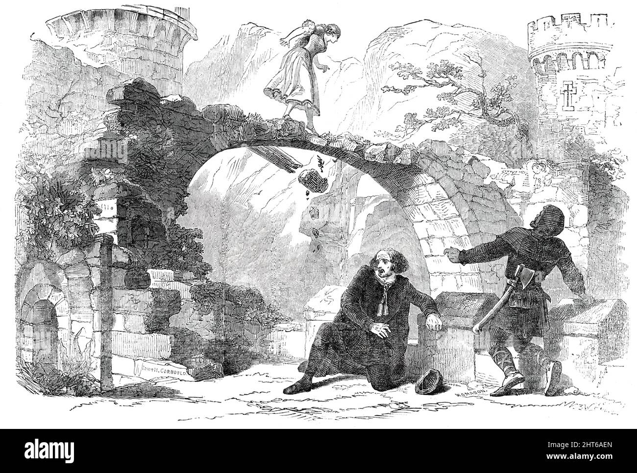 Scene from the New Play of &quot;The Templar&quot;, at the Princess' Theatre, [London], 1850. 'Mr. Kean, with unwonted generosity, resigned the part of the hero to Mr. Belton, a young and rising actor; assuming to himself a second role...Such noble conduct as this will ensure the success of the theatre, as well as of the dramas entrusted to its stage. Mr. Kean's acting in La Marche was indeed powerful and natural...Mrs. Kean, in Isoline, moreover, was an exceedingly picturesque representation of the pure-minded and innocent maiden, with a heart of nobleness and a soul capable of sublime devoti Stock Photo