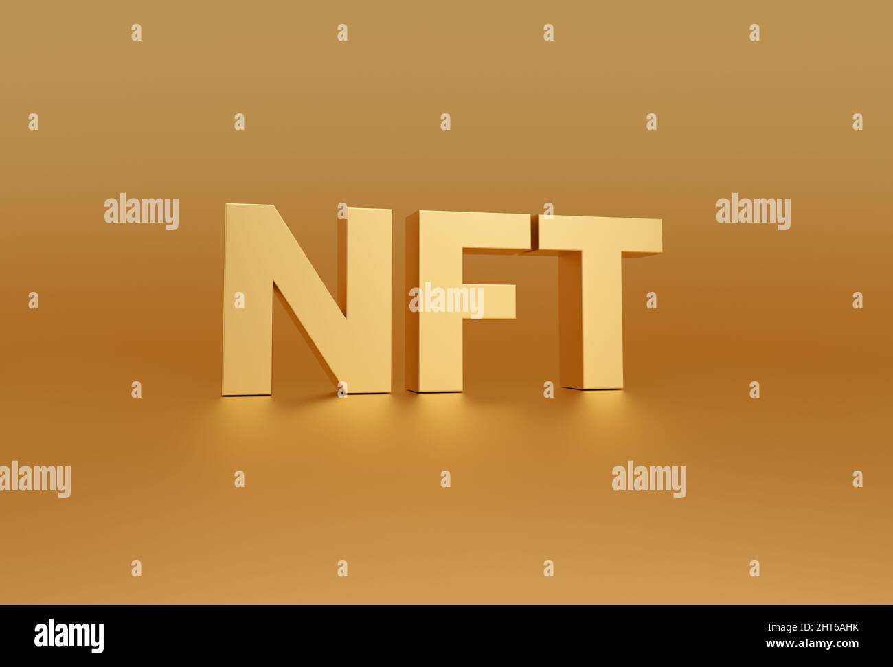 NFT Non-fungible token on golden studio background. blockchain technology to create Crypto art. 3d rendering. Stock Photo