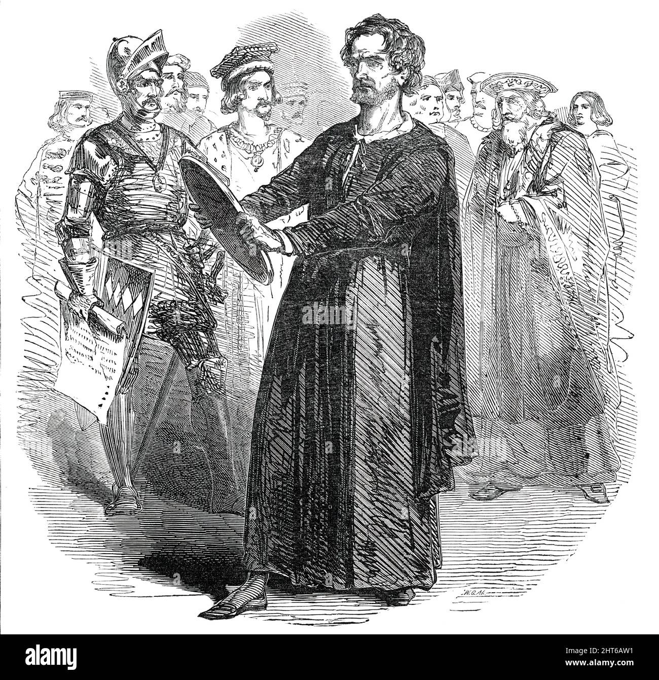 Mr. MacReady, as Richard II, at the Haymarket Theatre, [London], 1850. '...the scene of the Monarch's deposition, and particularly that beautiful part of it where the poet, giving the rein to his fancy, represents the fallen and disconsolate King as contemplating his countenance in the mirror...we are grateful for the opportunity of seeing Mr. Macready in the part; it is one remarkably well suited to his genius and style. The recklessness and arrogance of the spendthrift and unscrupulous Monarch - his boundless confidence in the divine prerogative - his right royal method of thinking on all oc Stock Photo