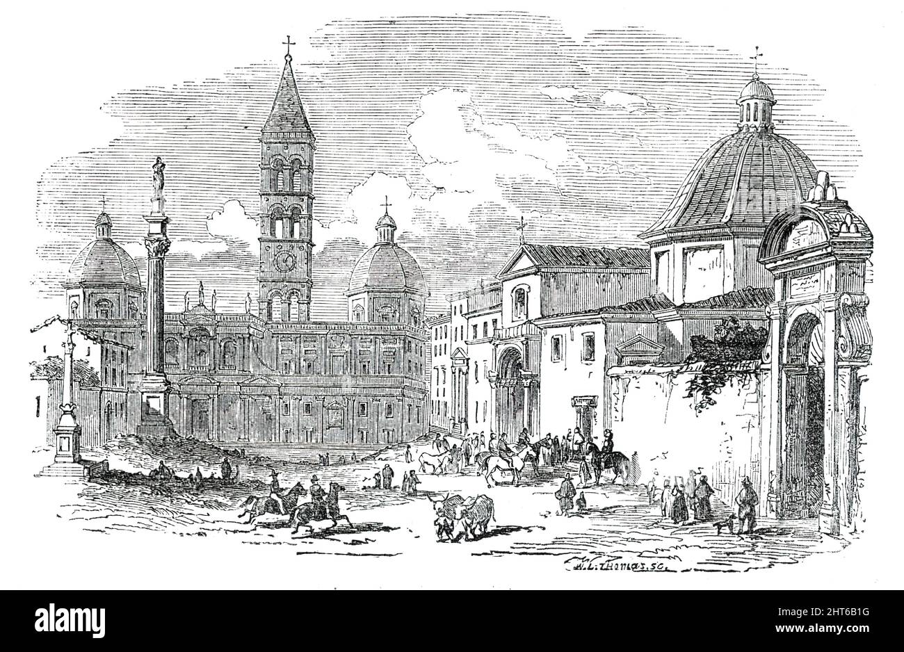 Santa Maria Maggiore - Rome, 1850. 'The Basilica of Santa Maria Maggiore is situated on a commanding site, at the extreme east of the inhabited parts of the city...and has cathedral jurisdiction, a chapter and canons, &amp;c. It is called St. Mary the Greater, from its being the largest of ail the numerous churches in Rome dedicated to the Blessed Virgin. In the open area in front of its principal or south-eastern facade, a magnificent ancient Corinthian column of white marble, surmounted by a group in bronze of the Virgin and Child, is raised upon a pedestal, which also serves as a fountain. Stock Photo