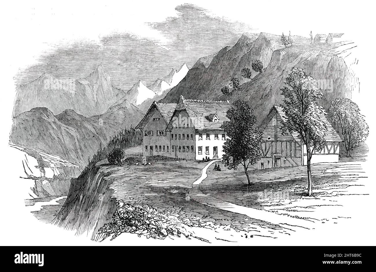 Institution for Cretins at Interlacken, Switzerland, 1850. 'Dr. Guggenb&#xfc;hl had ascertained that Cretinism never exists above a certain elevation on the mountains; therefore, the first requisite for the Institution was a lofty position. The Abendberg is 3000 feet above the sea level...sheltered from the storms that are frequently very destructive in the immediate neighbourhood, and enjoying an unusual portion of sun in so alpine a situation...More than 300 Cretin children have been admitted... About one-third have returned home cured, healthy and active, fully developed in body and mind... Stock Photo