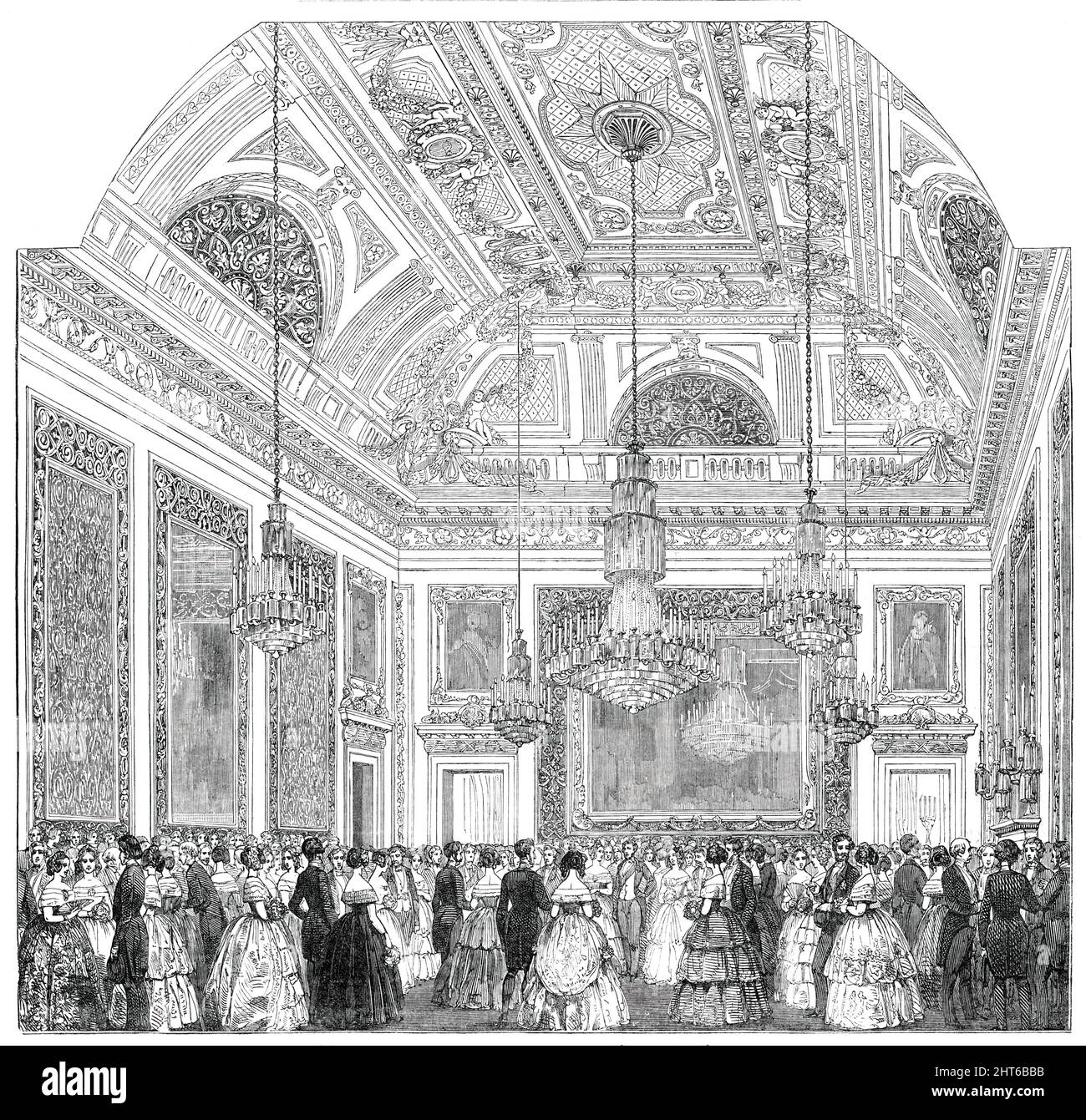 The Grand Saloon at Devonshire House, [London], 1850. The Duke of Devonshire's guests included '...the Duke of Cambridge, his Serene Highness Prince Edward of Saxe- Weimar, and about 800 members of the aristocracy...The Grand Saloon...is a magnificent apartment, and the decorations, designed by Mr. Crace...in the style of the celebrated artist Le Brun...The saloon originally was the entrance vestibule, but it now forms one of the most magnificent apartments in the building, a new grand staircase having been built by the Duke of Devonshire...When used as a ball-room, the furniture of this saloo Stock Photo