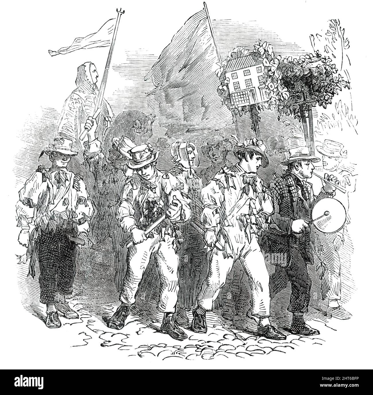 Lichfield &quot;Greenhill Bower&quot; - the Morris Dancers, 1850. Annual tradition: 'This very ancient festival was celebrated...with more than its usual ceremonies. The origin of it was a &quot;Court of Arrray or View of Men and Arms,&quot; in existence long anterior to the Charter of Incorporation of the City, which had its first establishment in the reign of King Edward the Second, in the year 1387, so that the festival cannot be less than 500 years old! In the olden times, processions were made by the public officers of the city, and the dezeners (constables) of each ward bore tutelary sai Stock Photo